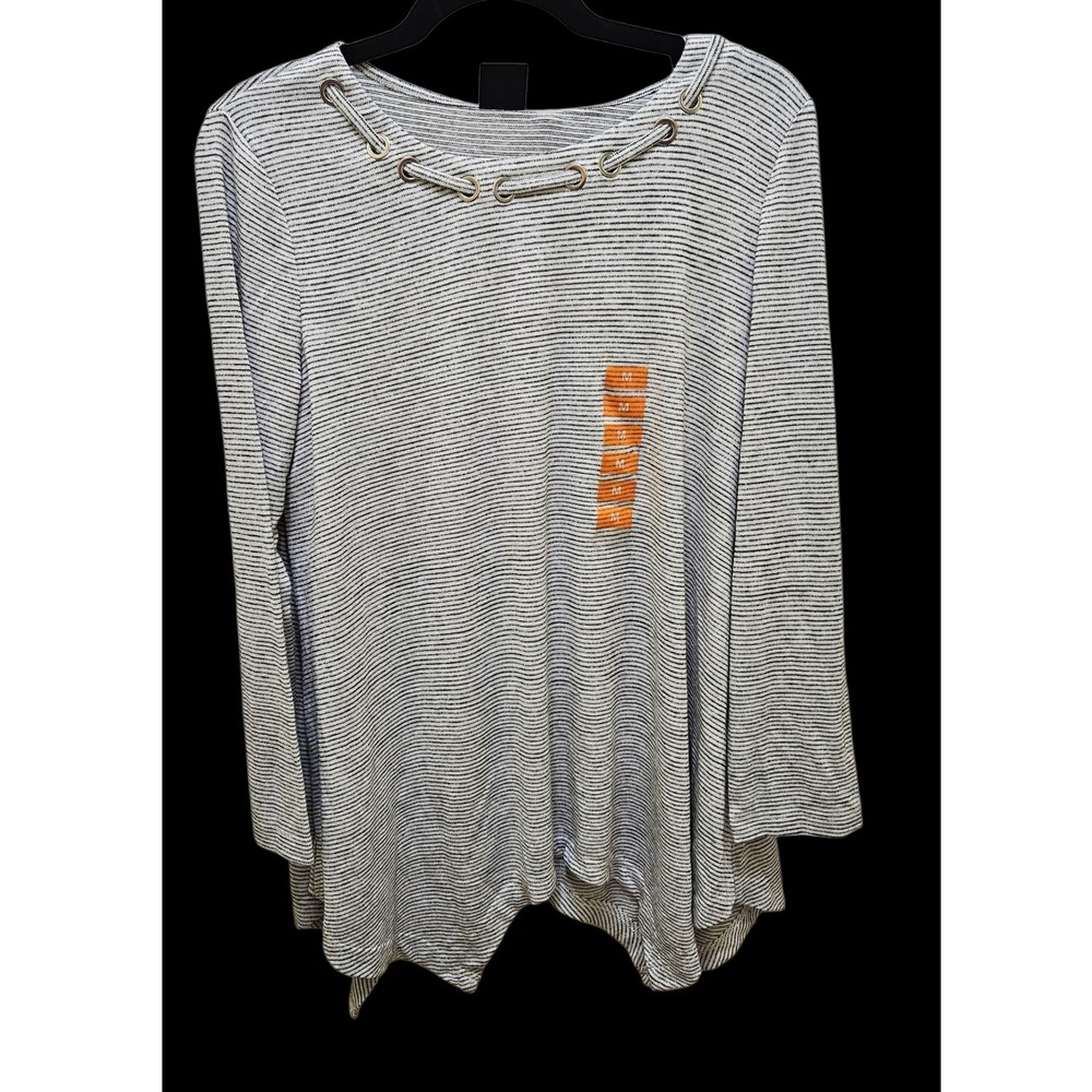 New Rafaella Striped Tunic Top Grommet Neckline Long Sleeve Casual Womens Medium - Picture 2 of 8